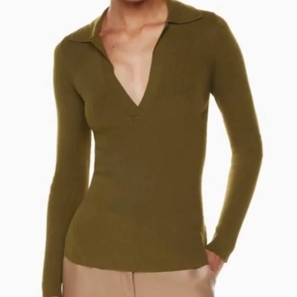 Aritzia Babaton McSweeney Ribbed Sweater Open V Neck with Collar Green M NWOT